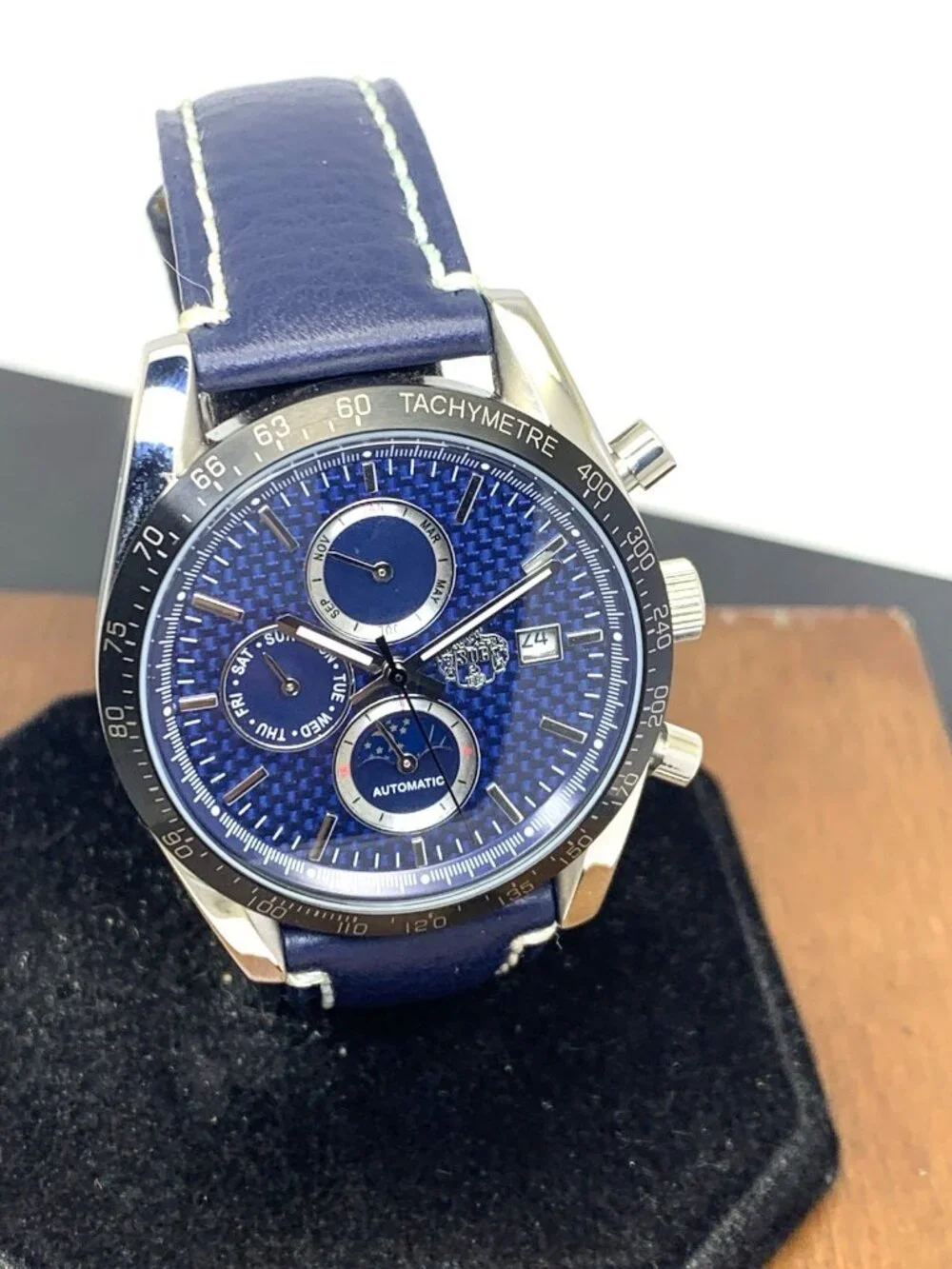 SUG Men's Watch Automatic Chronograph Blue Dial Day Night Leather Strap 40mm
